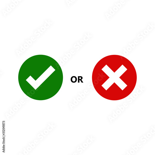 Tick and cross signs. Green checkmark OK and red X icons, isolated on white background. Simple marks graphic design. symbols YES and NO button for vote, decision, web. Vector illustration
