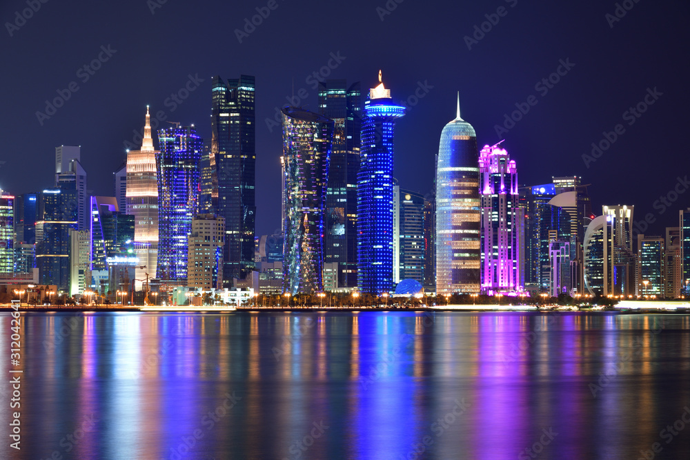 West Bay panorama at night from the Gulf in Qatar, Doha West Bay panorama at night from the Gulf in Qatar, Doha