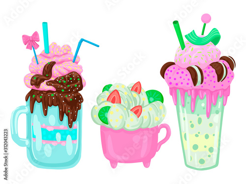 Three different milkshakes. Vector objects on a white background