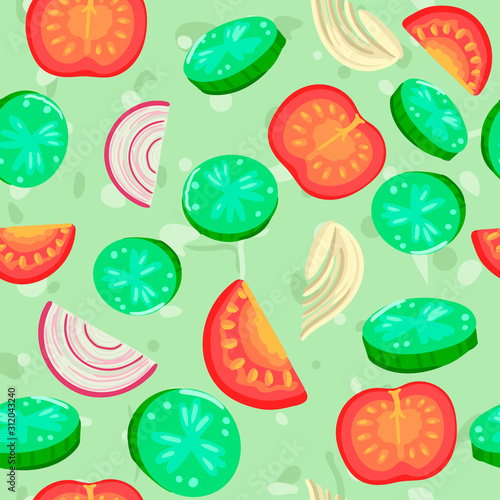 Fototapeta Naklejka Na Ścianę i Meble -  Vegetable salad. Tomatoes, cucumbers and sliced onions. Seamless vector pattern