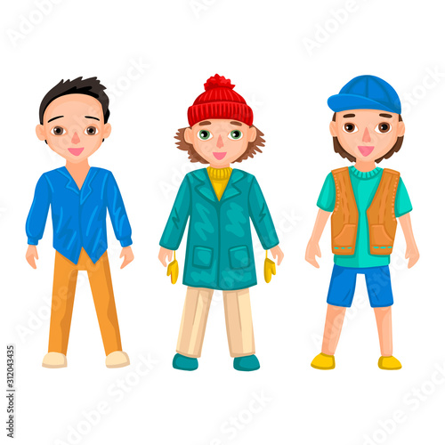 Guys in bright colored clothes. Vector illustration of characters on a white background.
