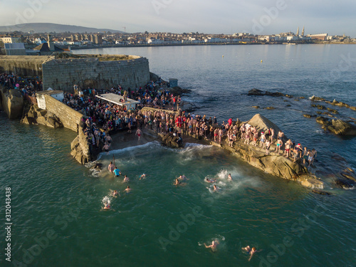 Aerial view of Forty Foot during Christmas traditional swim. Dublin, Ireland. December 25, 2019 