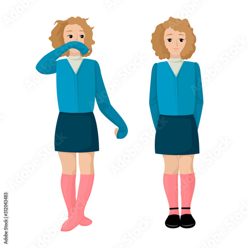 The girl is untidy. Shaggy girl in the form of wiping her nose. A diligent student. Vector illustrationc