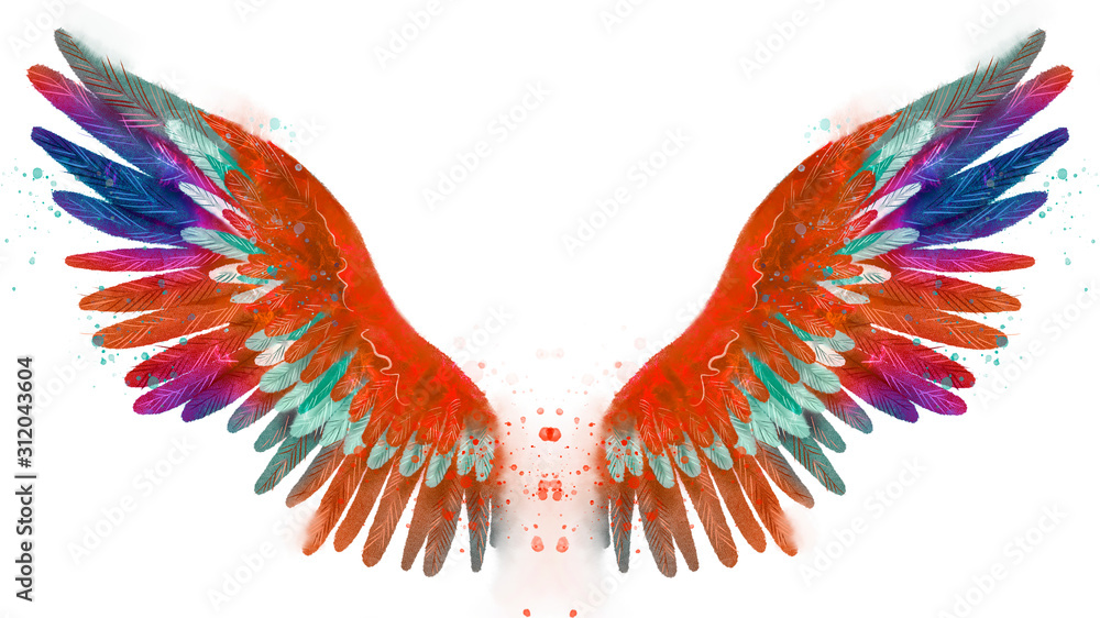 Fototapeta Piękne magiczne akwarelowe pomarańczowe skrzydła feniksa z niebieskimi, fioletowymi i zielonymi piórami