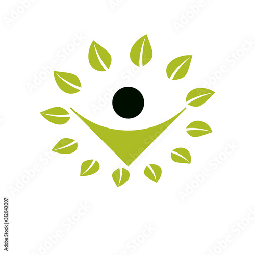 Vector illustration of excited abstract person with raised hands up. Go green idea creative logo. Vegetarian theme icon. Wellness and harmony symbol.