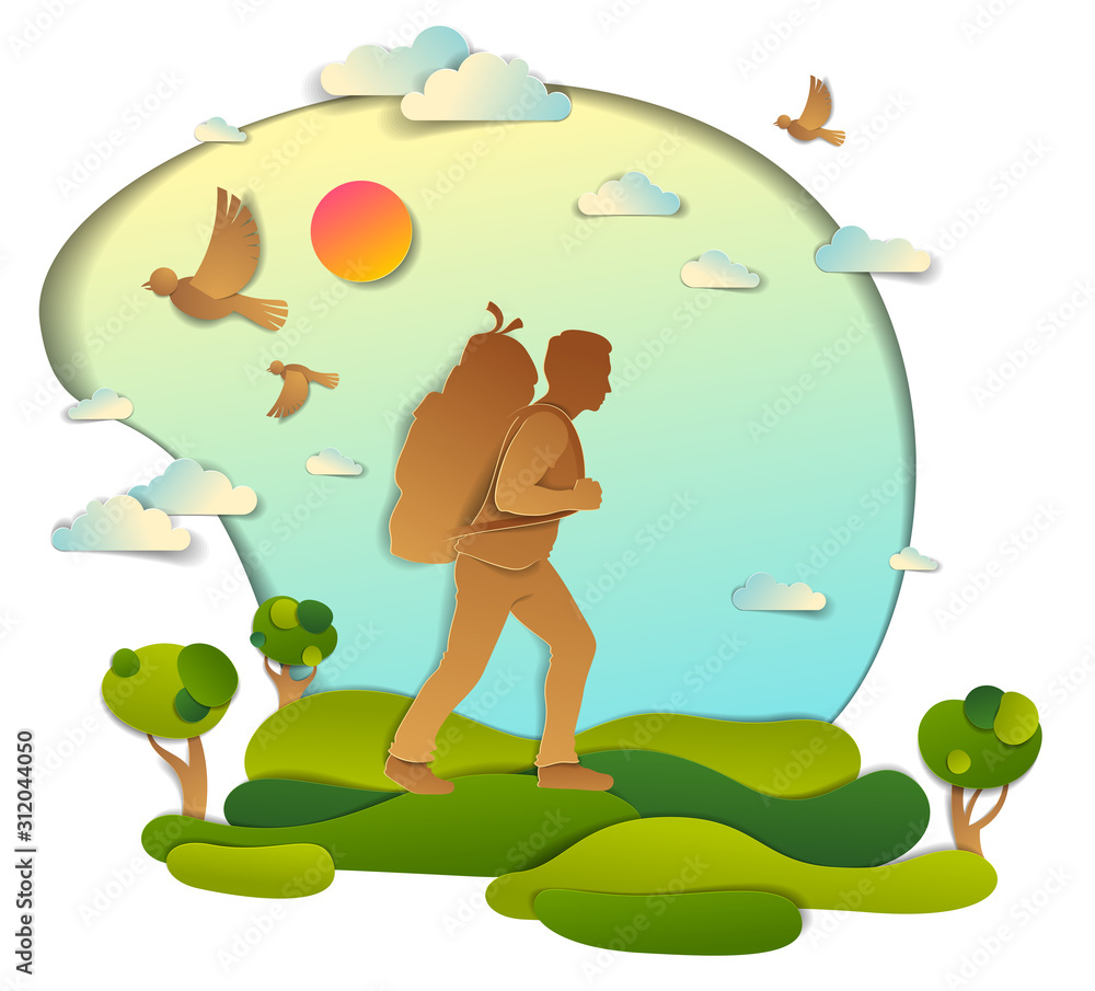 Young active man hiking to nature with grasslands and trees, vector illustration of beautiful summer scenic landscape, birds in the sky, holidays. Young active man hiking to nature with grasslands and trees, vector illustration of beautiful summer scenic landscape, birds in the sky, holidays.