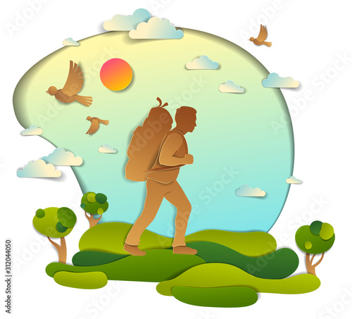 Young active man hiking to nature with grasslands and trees, vector illustration of beautiful summer scenic landscape, birds in the sky, holidays.