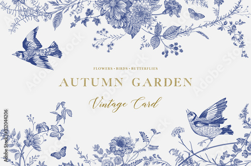 Autumn Garden. Vector horizontal card. Flowers, birds, butterflies. Blue and white. Toile de Jouy