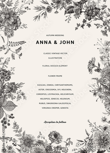 Vintage floral illustration. Wedding invitation. Autumn. Black and white