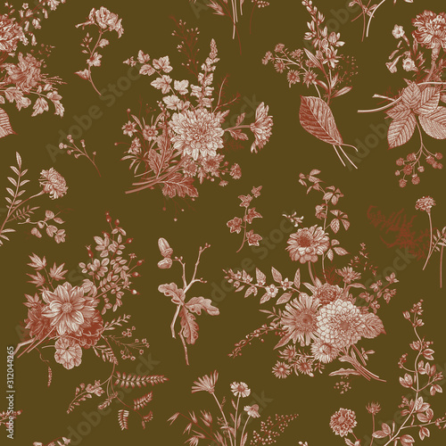 Vintage floral illustration. Seamless pattern. Autumn floral pattern. Green and Red 