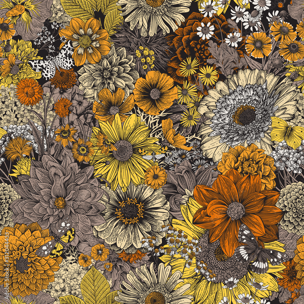 Seamless floral pattern 70s. Autumn flowers and butterflies. Gray and orange.