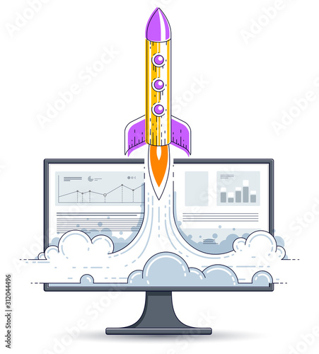 Startup rocket take off over computer monitor, space rocket flying start up internet business concept, online finance, marketplace or shop, vector illustration.