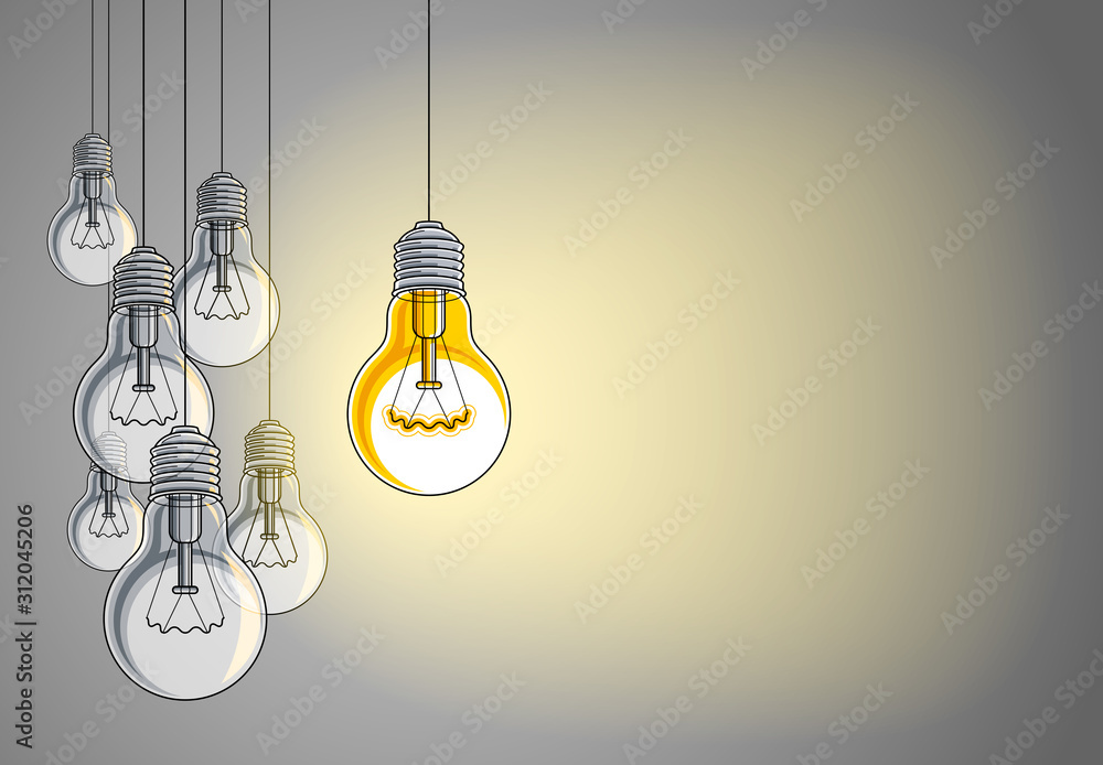 Light bulbs beautiful vector illustration with single one shining, idea concept, think different, stand out of crowd, creative inspiration. Composition with copy space for text. - obrazy, fototapety, plakaty 