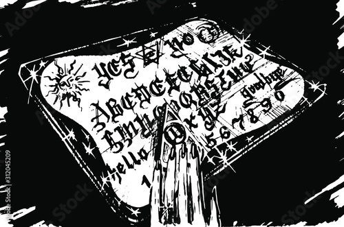 Vector black and white illustration : divination Ouija board. Sketch , occultism, simbol. mysticism.