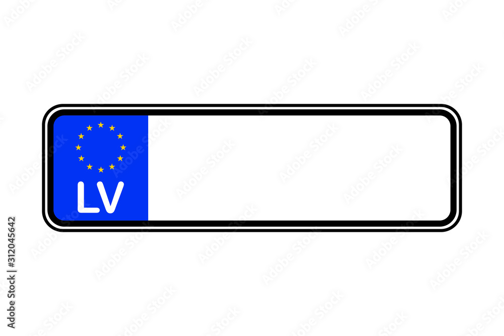 Latvia blank license plate with free copy space place for text and European Union EU flag Latvia blank license plate with free copy space place for text and European Union EU flag