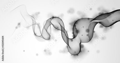 Wave line of flowing particles abstract vector background, smooth curvy shape dots fluid array. 3d shape dots blended mesh, future technology relaxing wallpaper.