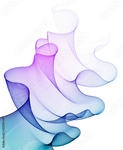 3d particles mesh array, sound wave flowing, transparent tulle textile on wind. Round points vector effect illustration. Blended mesh, calming relaxing wallpaper.
