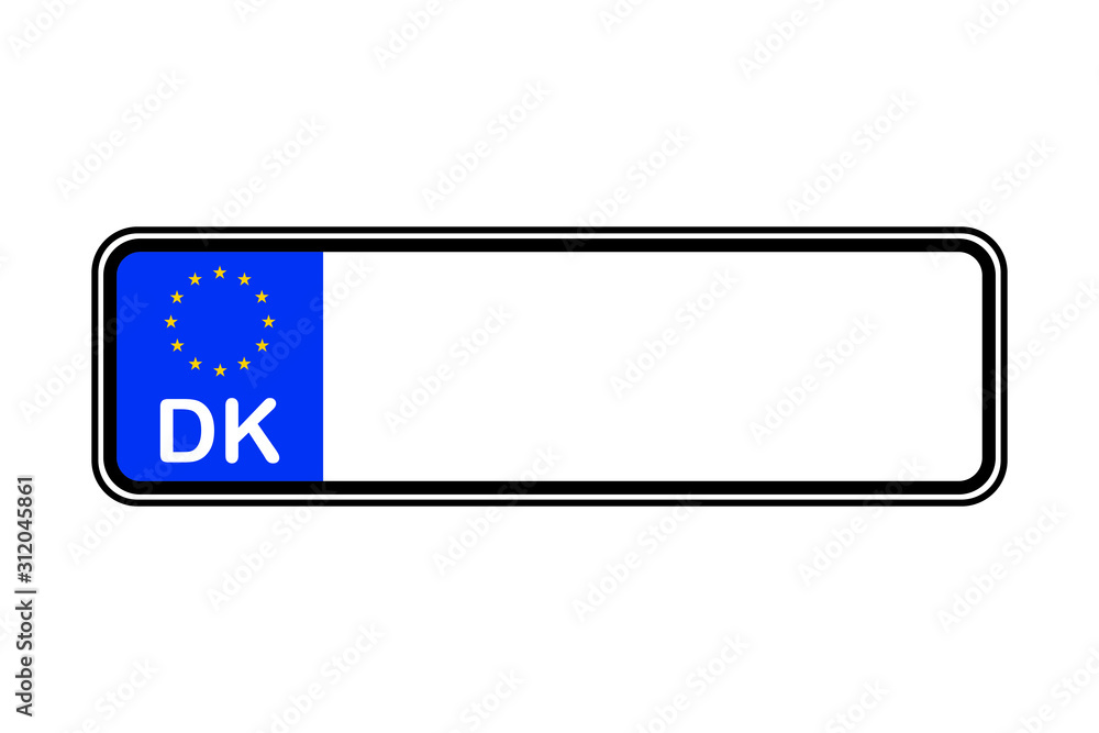 Denmark blank license plate with free copy space place for text and European Union EU flag Denmark blank license plate with free copy space place for text and European Union EU flag