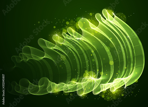 Dynamic magic wave transparent tulle textile on wind over dark, particles flow, effect in motion. Vector abstract background. 3d shape dots blended mesh, relaxing calming wallpaper.
