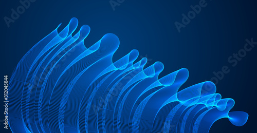 3d magic particles mesh array over dark, transparent tulle textile on wind flowing. Round points vector effect illustration. Blended mesh, 3d calming tranquil wallpaper.