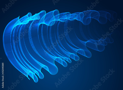 3d magic particles mesh array over dark, transparent tulle textile on wind flowing. Round points vector effect illustration. Blended mesh, 3d calming tranquil wallpaper.