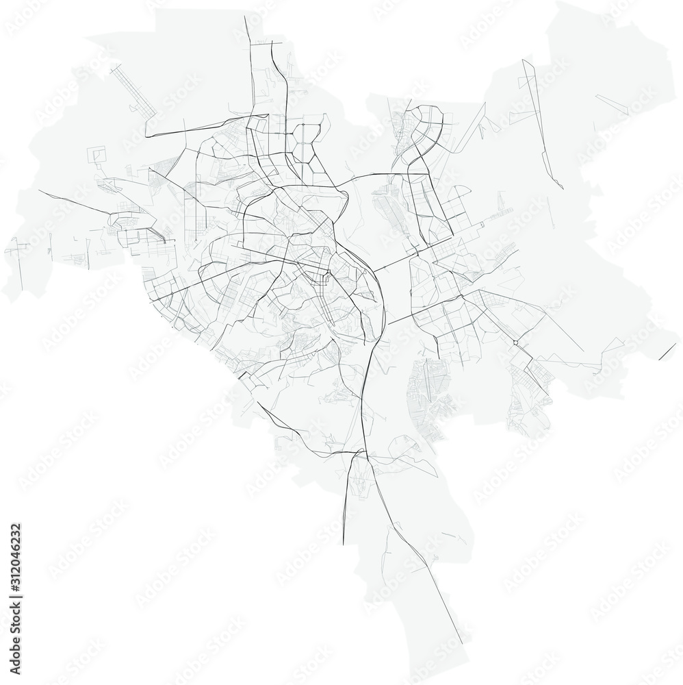 Vector map of Ukrainian city Kyiv (Kiev) with highways and streets, administrative borders, grey color with white background