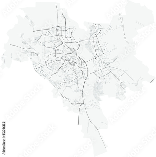 Vector map of Ukrainian city Kyiv (Kiev) with highways and streets, administrative borders, grey color with white background