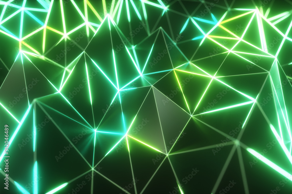 Abstract low polygonal black surface glowing at the edges. 3d illustration technology motion background. Segments of a triangle. Ultraviolet neon wireframe lines in blue violet color spectrum. Abstract low polygonal black surface glowing at the edges. 3d illustration technology motion background. Segments of a triangle. Ultraviolet neon wireframe lines in blue violet color spectrum.