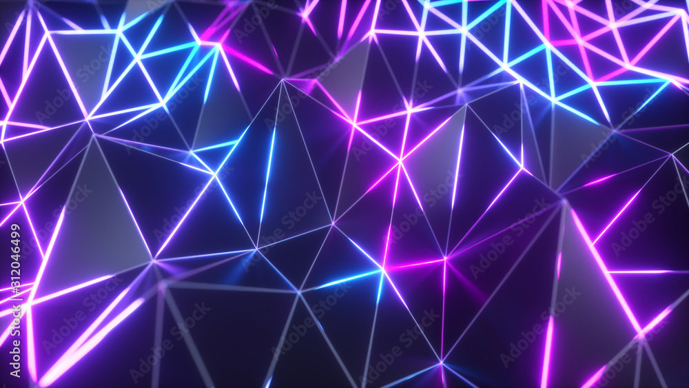 Abstract low polygonal black surface glowing at the edges. 3d illustration technology motion background. Segments of a triangle. Ultraviolet neon wireframe lines in blue violet color spectrum. Abstract low polygonal black surface glowing at the edges. 3d illustration technology motion background. Segments of a triangle. Ultraviolet neon wireframe lines in blue violet color spectrum.