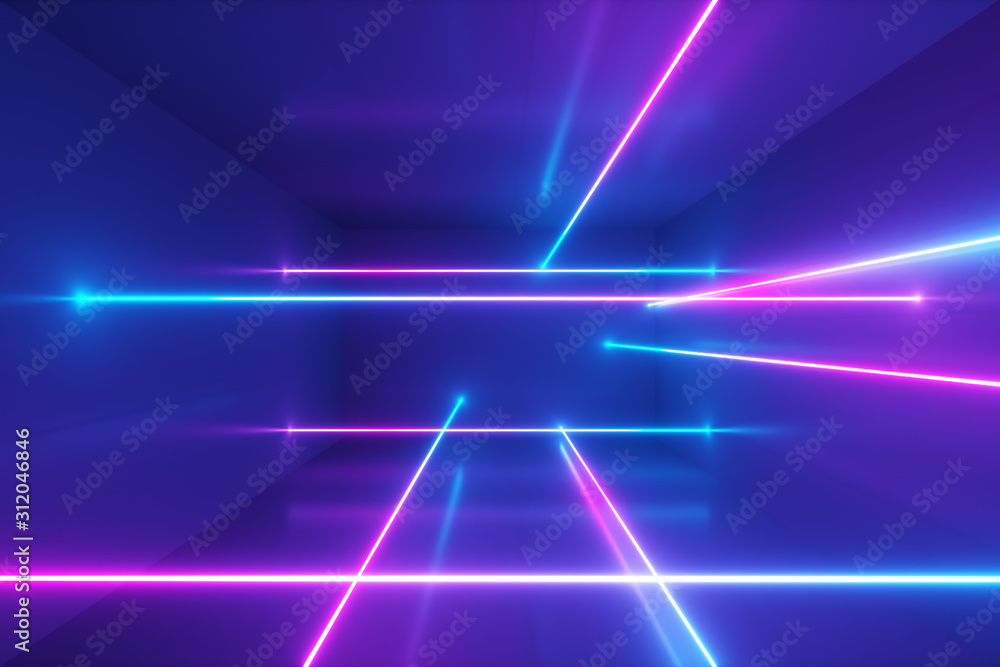Abstract background, moving neon rays, luminous lines inside the room, fluorescent ultraviolet light, blue red pink violet spectrum, 3d illustration Abstract background, moving neon rays, luminous lines inside the room, fluorescent ultraviolet light, blue red pink violet spectrum, 3d illustration
