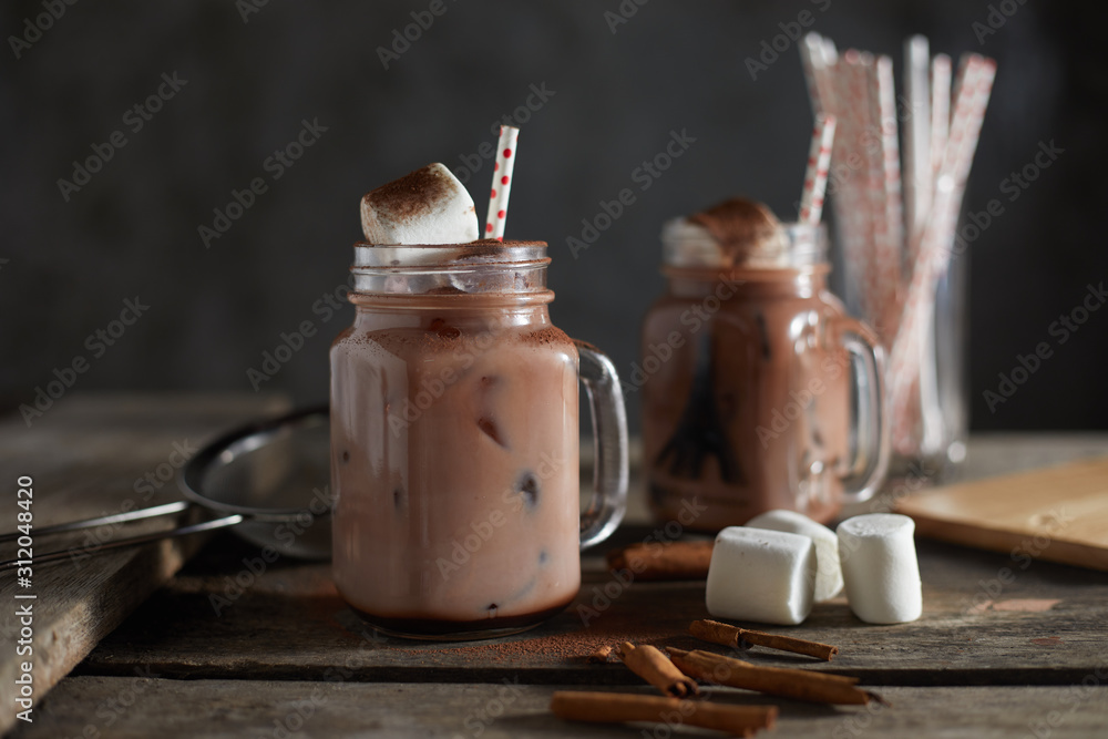 chocolate drink on wooden table. . chocolate drink on wooden table. .