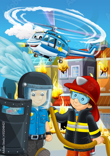 cartoon scene with fireman working near some ambulance and building is burning illustration for children