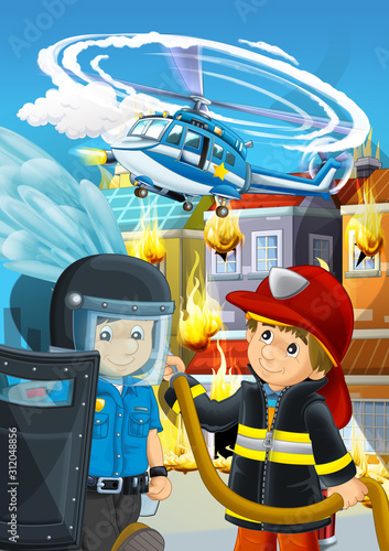 cartoon scene with fireman working near some ambulance and building is burning illustration for children