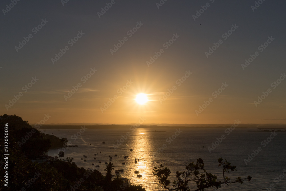 View of wonderful sunset in Morro de Sao Paulo, Bahia, Brazil. Hill.