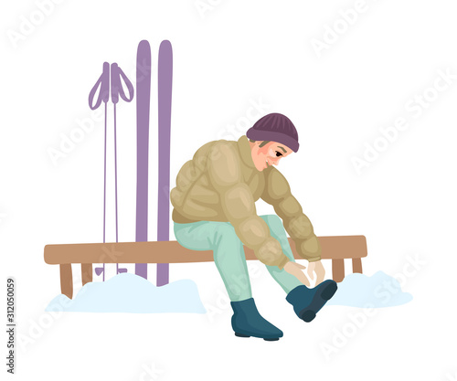 Ski rental. Man putting on ski boots. Vector illustration