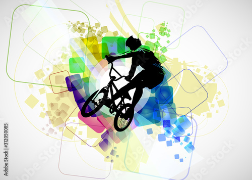 Active man. BMX rider in abstract sport landscape background, vector.