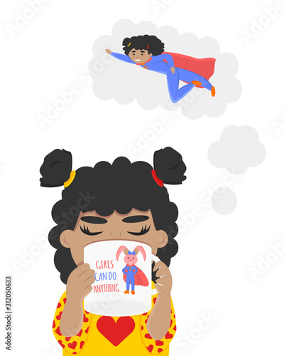 Vector Illustration of Little Girl is Dreaming about be Superhero. Child is Drinking from Mug with Drawing of Little Rabbit is Superhero. Girls Can Do Anything. Concept for International Women's Day