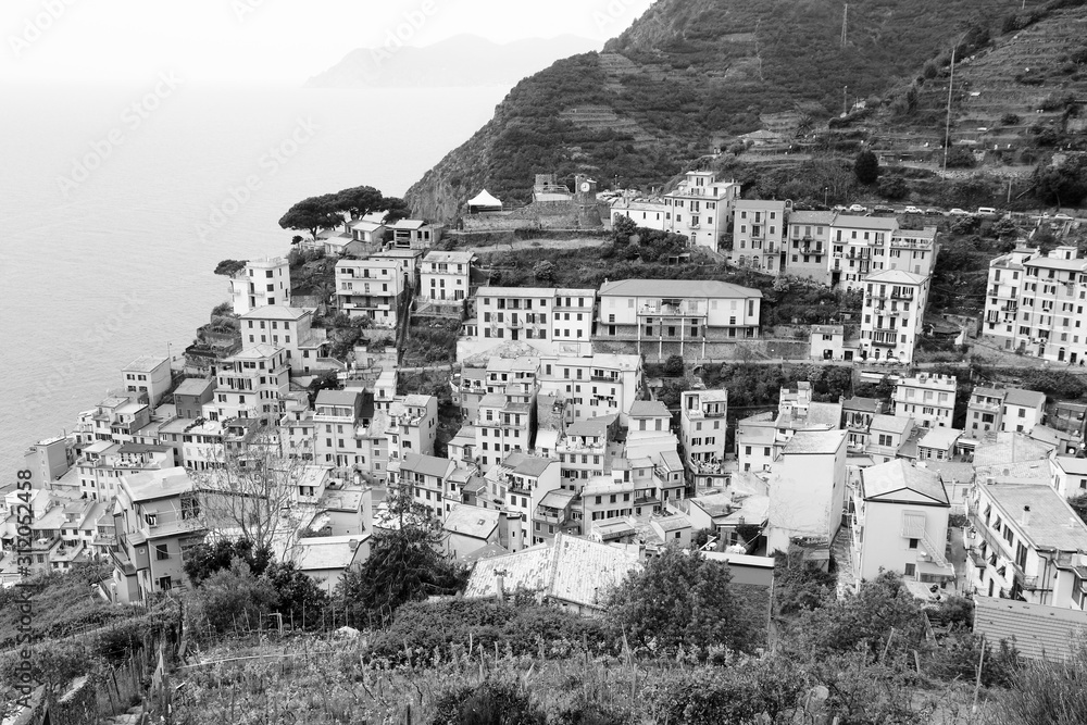 Cinque Terre, Italy. Black and white vintage toned.