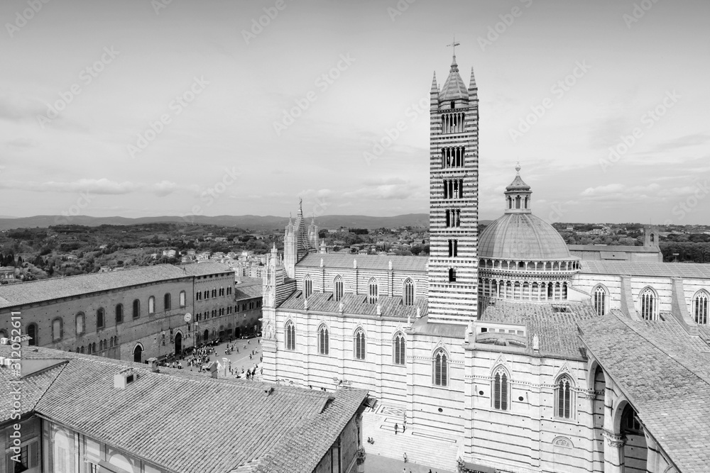 Siena city, Italy. Black and white vintage toned.