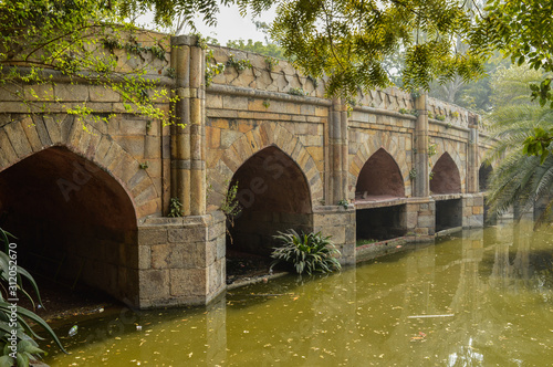 Фотография A reflection and mesmerizing view from the side of the pond,lake of palm trees and bridge monument at lodi garden or lodhi gardens in a city park at winter foggy morning