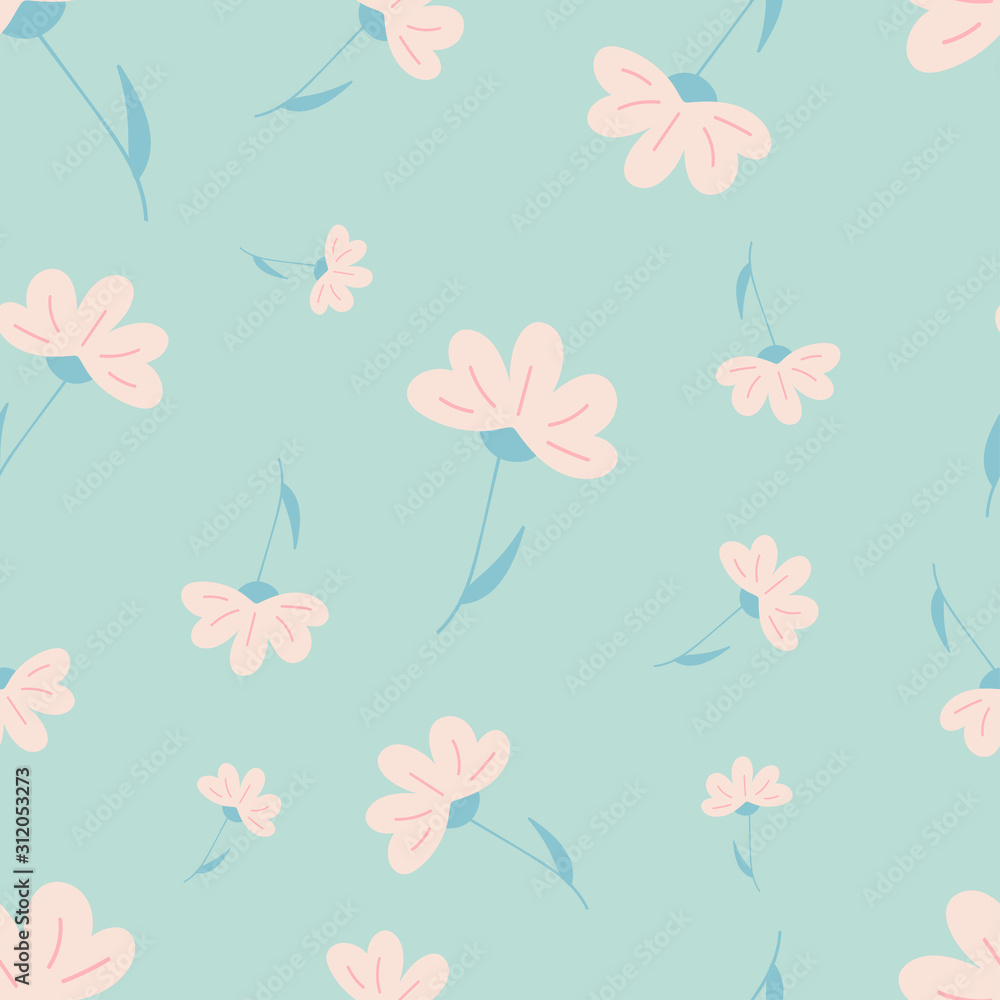 Cute pink flowers on green background seamless repeat pattern for decoration, pillow, curtain, wrapping paper