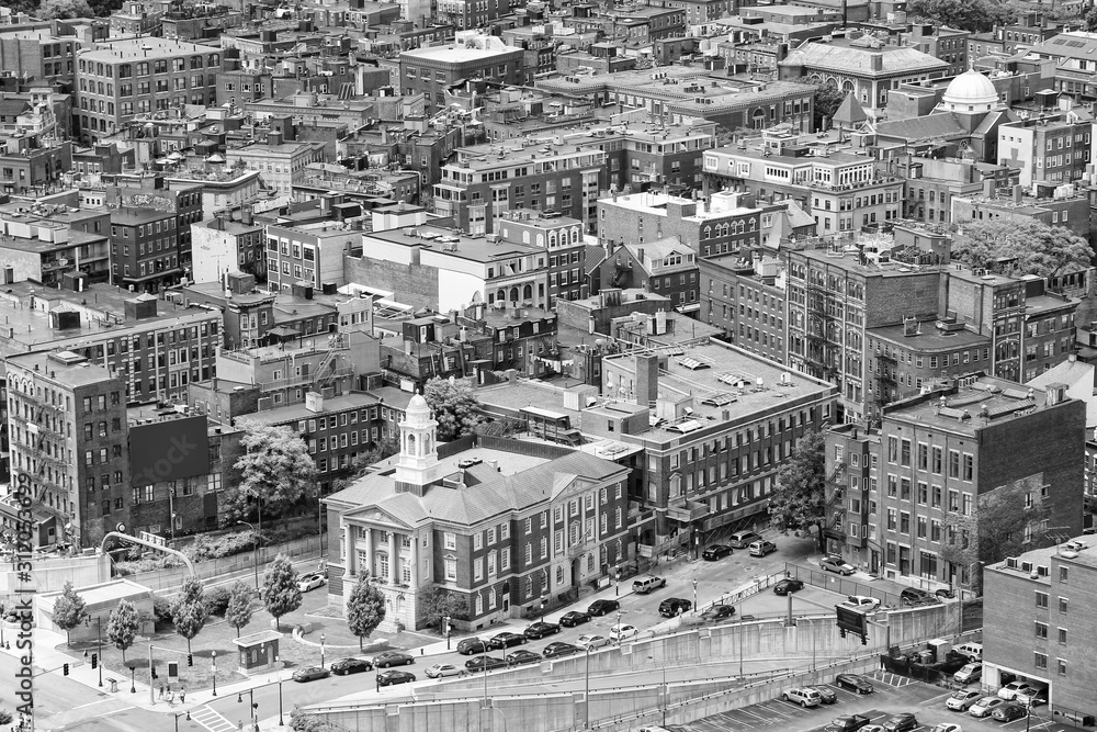 Boston city aerial view. Vintage filtered black and white tone.