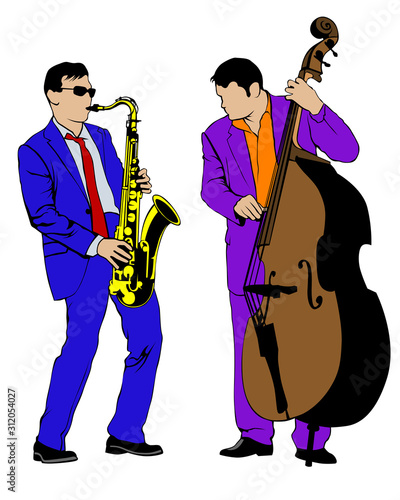 Men with saxophone and double bass at concert. Isolated silhouettes of musicians on white background