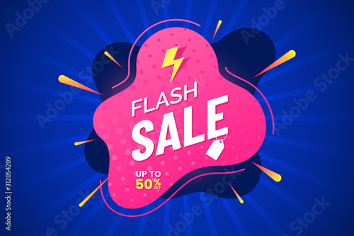 Flash sale banner template. Discount label with place for text. Promotion poster. Abstract text box. Rays background with flash effect. Vector illustration.