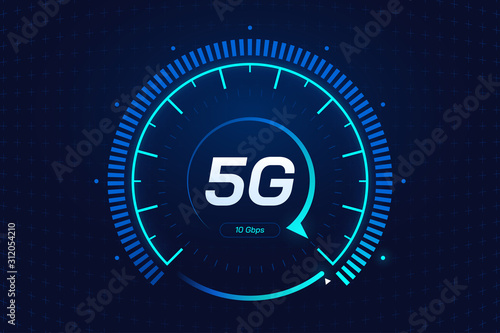 5G network wireless technology. Digital speed meter concept with 5G icon. High speed internet. Neon speedometer in futuristic style isolated on dark background. Car dashboard interface. Vector eps 10. photo
