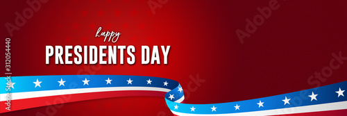 President's day celebration. 3D render of stars and stripes wavy ribbon on star pattern gradient red background with happy president day text and additional copy space. 