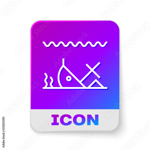 White line Sunken ship at the bottom of the sea icon isolated on white background. Rectangle color button. Vector Illustration