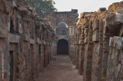 A sun create some dramatic view of fort, monument at hauz khas memorial from the side of the lawn at winter foggy morning.