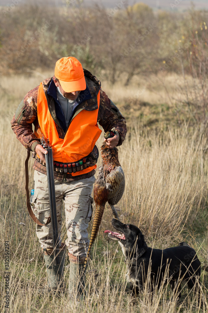 A man with a gun in his hands and an orange vest on a pheasant hunt in a wooded area in cloudy