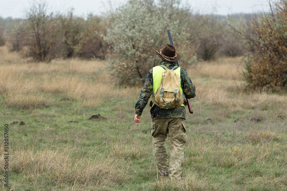 Hunting period, autumn season open. A hunter with a gun in his hands in hunting clothes in the autumn forest in search of a trophy. A man stands with weapons and hunting dogs tracking down the game. Hunting period, autumn season open. A hunter with a gun in his hands in hunting clothes in the autumn forest in search of a trophy. A man stands with weapons and hunting dogs tracking down the game.